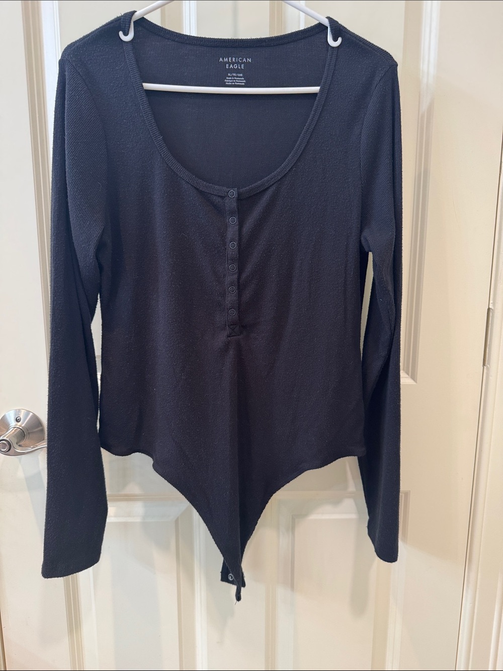 American Eagle Outfitters Black Long-Sleeve Scoop Neck Henley Bodysuit